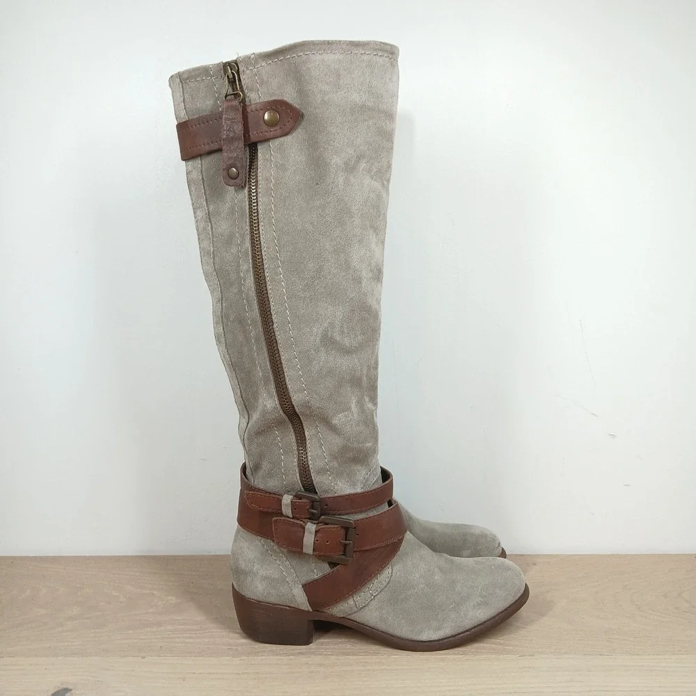 Aldo Knee High Boots Womens 6 Gray Suede Leather Buckle Riding Boho Casual